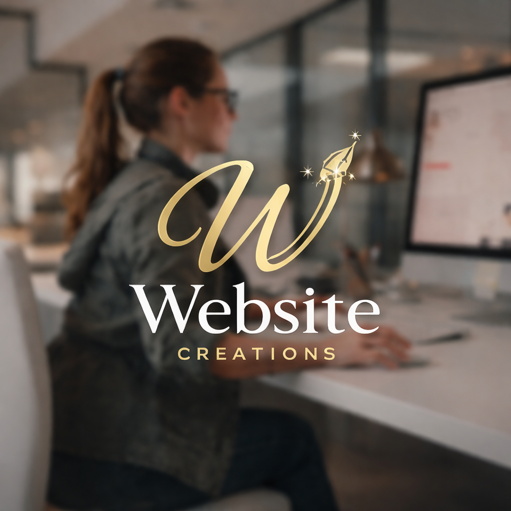Website Creations logo showing a gold W and a woman in the background designing websites on the computer