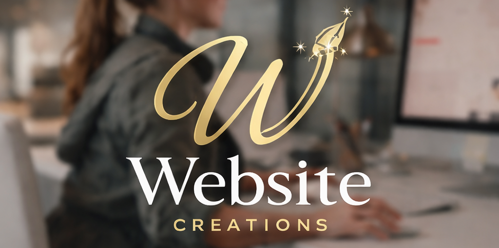 Website Creations logo showing a gold W and a woman in the background designing websites on the computer